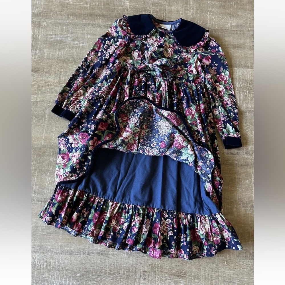VTG Bonnie Jean New York Girls Sz 10 Floral Ruffle Long Dress Bow Velvet Tiered - Picture 6 of 12